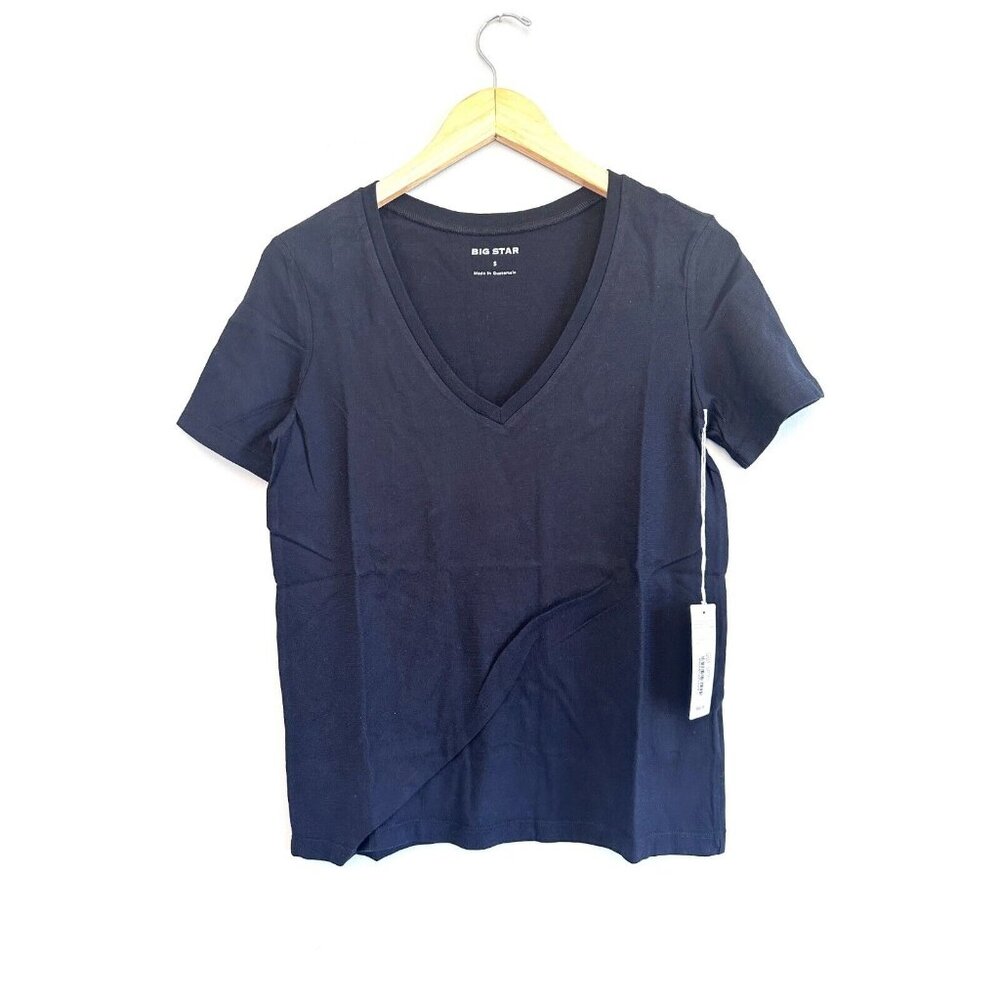 Big Star Shirt Womens SMALL Black Vneck Short Sleeve Casual Pima Cotton $48 NWT
